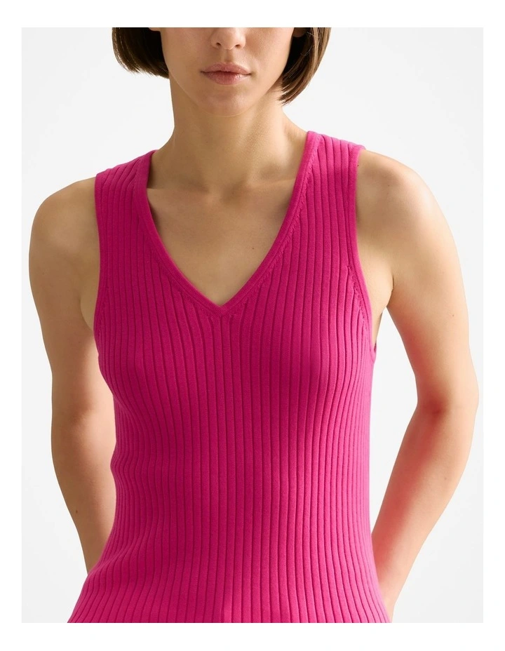 Mercerised Rib V Neck Tank in Fuchsia image 3