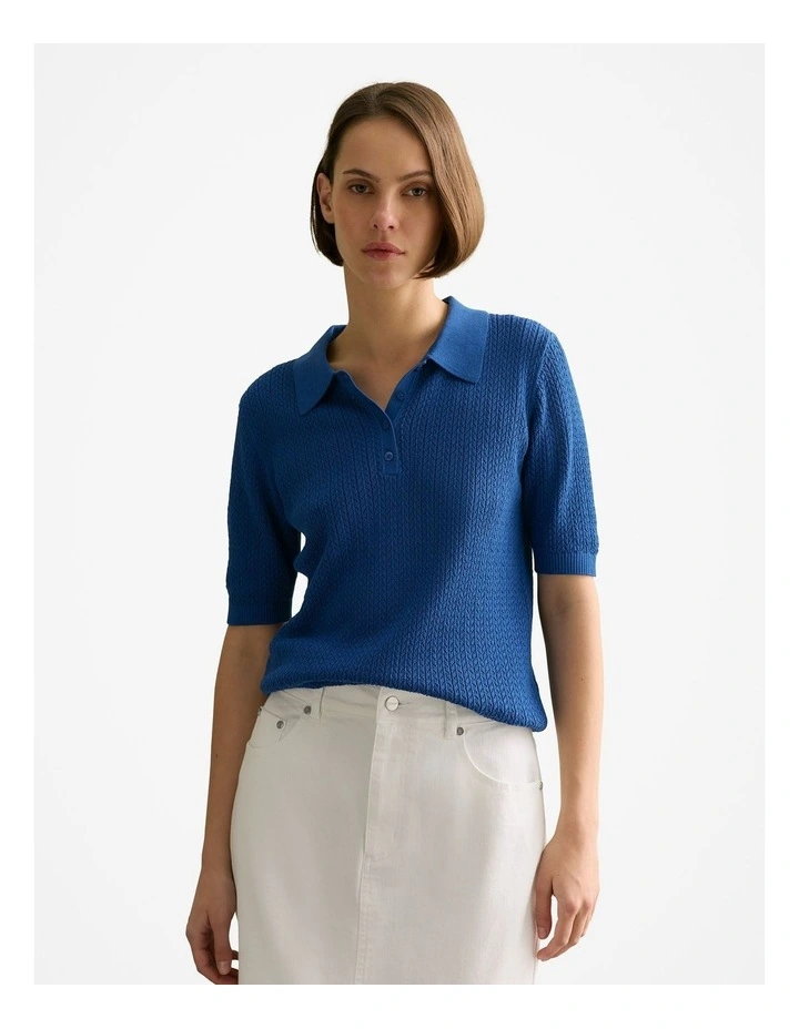 Mercerised Lace Knit Polo in Cobalt image 1
