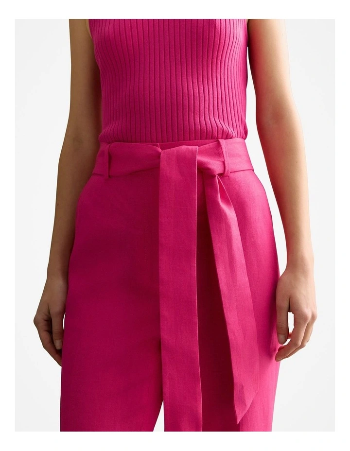Linen Straight Leg Belted Pant in Fuchsia image 3