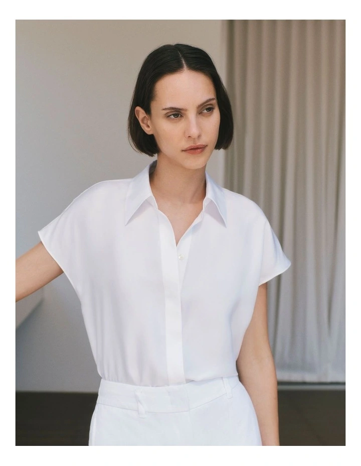 Silk Twill Cap Sleeve Shirt in White image 2