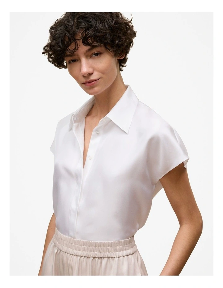 Silk Twill Cap Sleeve Shirt in White image 3