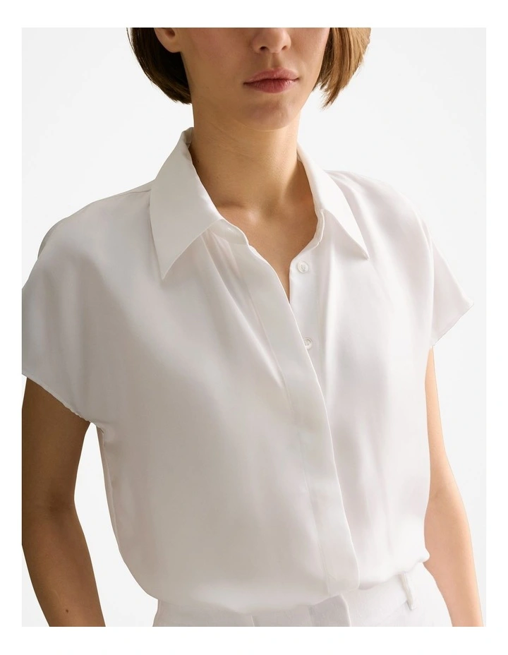Silk Twill Cap Sleeve Shirt in White image 3