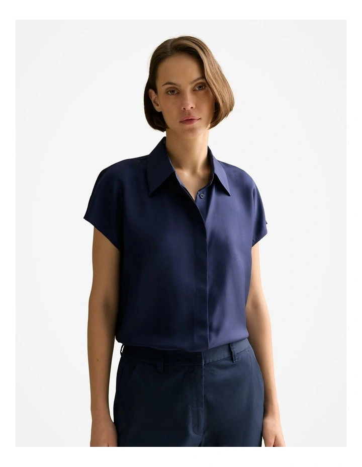 Silk Twill Cap Sleeve Shirt in Navy image 1