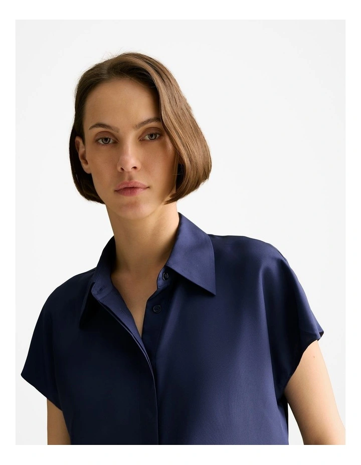 Silk Twill Cap Sleeve Shirt in Navy image 3
