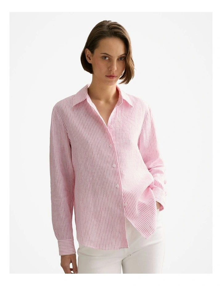 Linen End On End Stripe Shirt in Fuchsia image 1