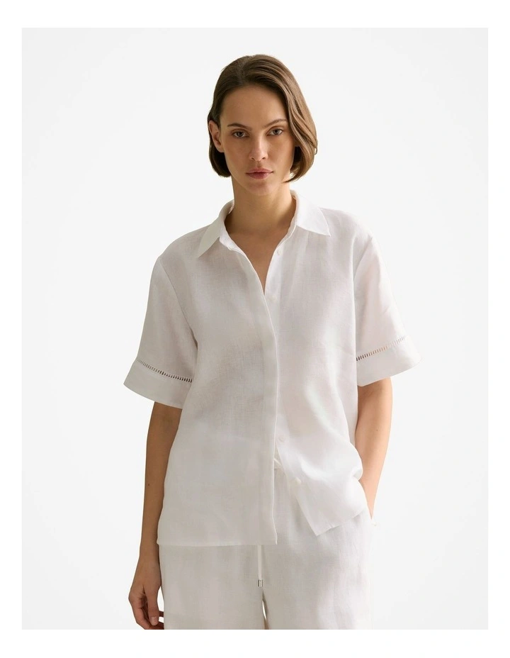 Delave Linen Ladder Stitch Detail Short Sleeve Shirt in White image 1