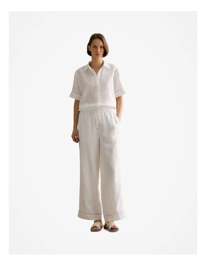 Delave Linen Ladder Stitch Detail Short Sleeve Shirt in White image 2
