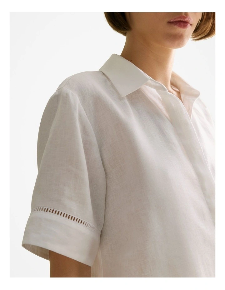 Delave Linen Ladder Stitch Detail Short Sleeve Shirt in White image 3