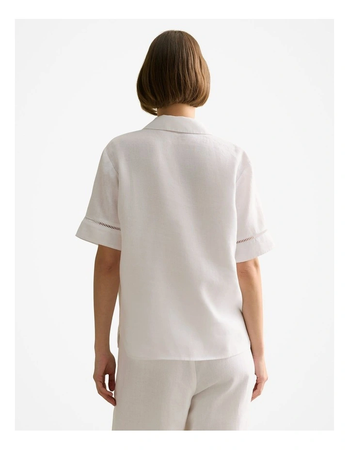 Delave Linen Ladder Stitch Detail Short Sleeve Shirt in White image 4