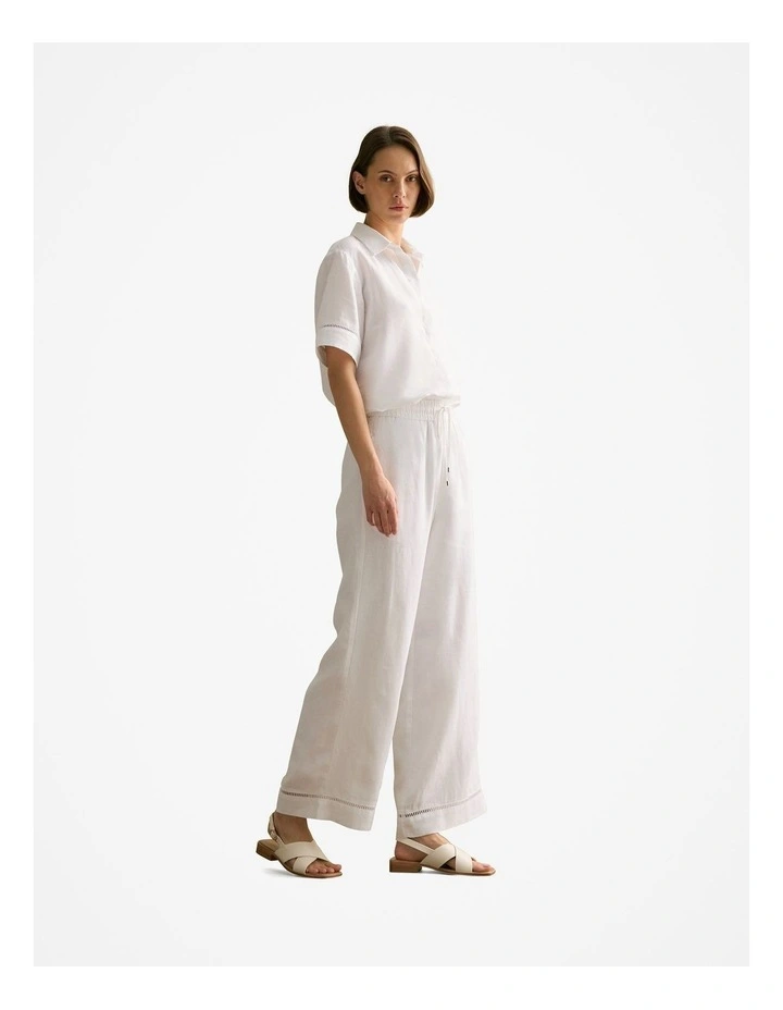 Delave Linen Ladder Stitch Detail Short Sleeve Shirt in White image 5