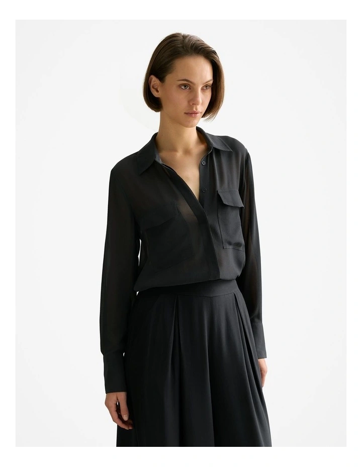 Silk Georgette Pocket Detail Shirt in Black image 1