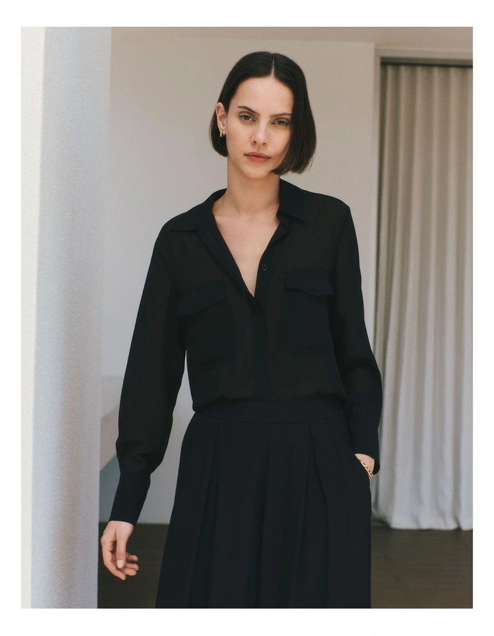 Silk Georgette Pocket Detail Shirt in Black image 2