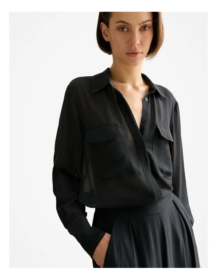 Silk Georgette Pocket Detail Shirt in Black image 3