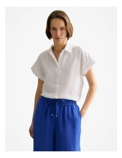 Linen Relaxed Cap Sleeve Shirt in White