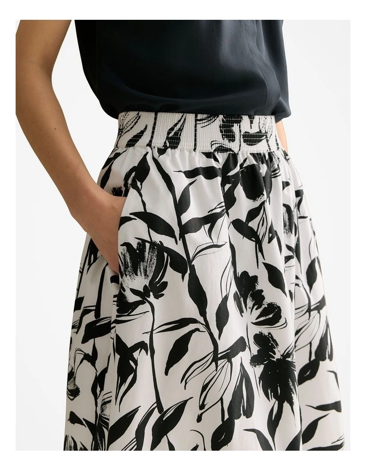 Cotton Poplin Floral Pull On Skirt in White image 3