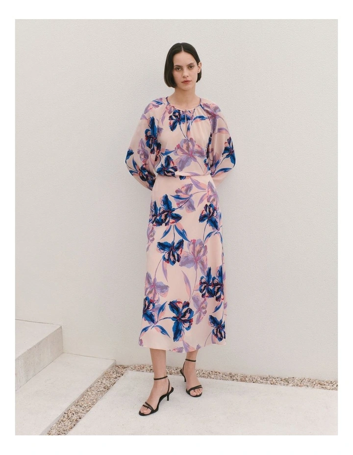 Silk Floral Midi Skirt in Pink Salt image 2