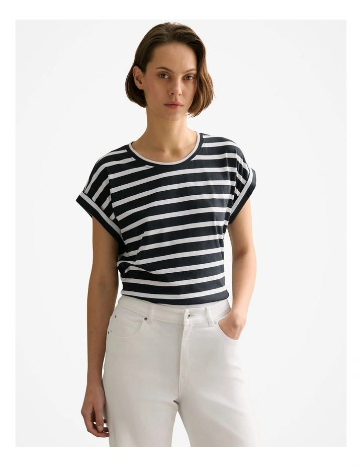 Pima Cotton Stripe Cuff Detail T-shirt in Black image 1