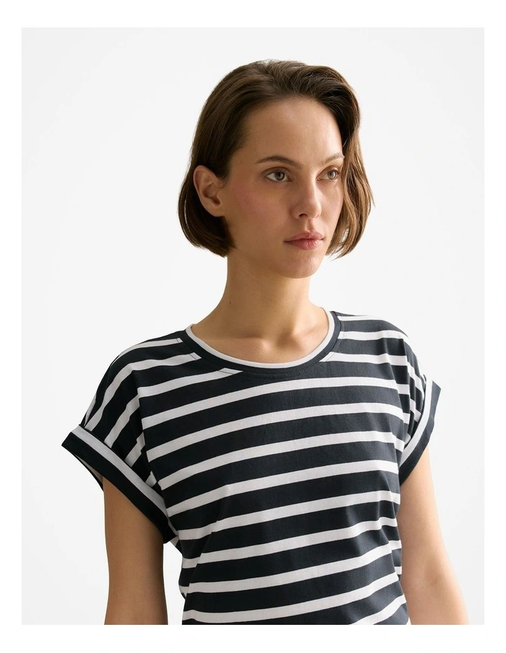 Pima Cotton Stripe Cuff Detail T-shirt in Black image 3