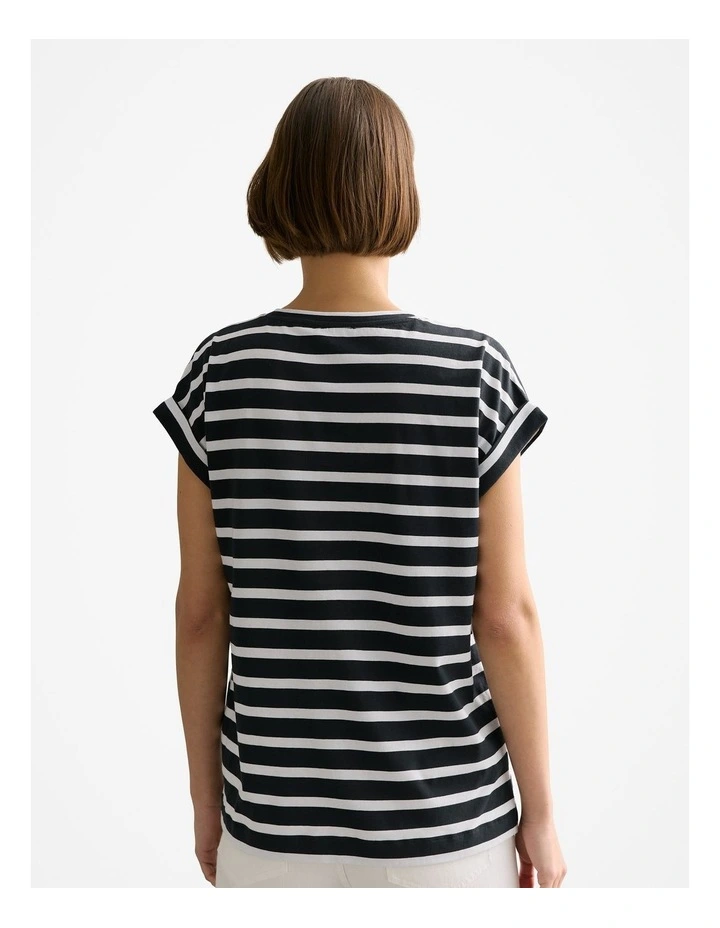 Pima Cotton Stripe Cuff Detail T-shirt in Black image 4