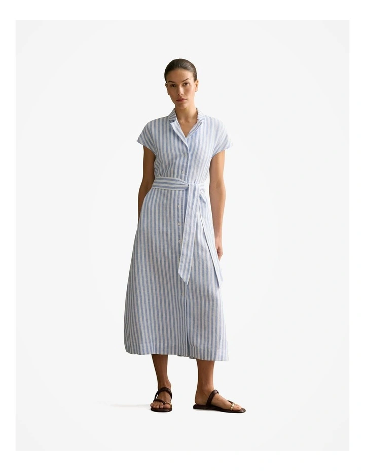 Linen Bengal Stripe Cap Sleeve Shirt Dress in Wedgewood Blue image 1