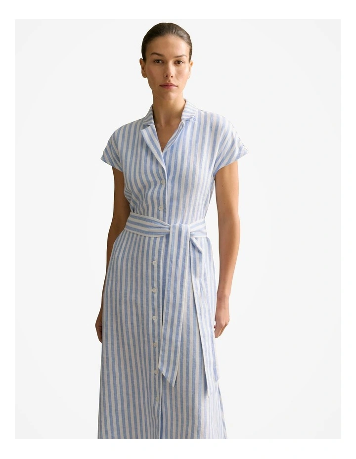 Linen Bengal Stripe Cap Sleeve Shirt Dress in Wedgewood Blue image 2