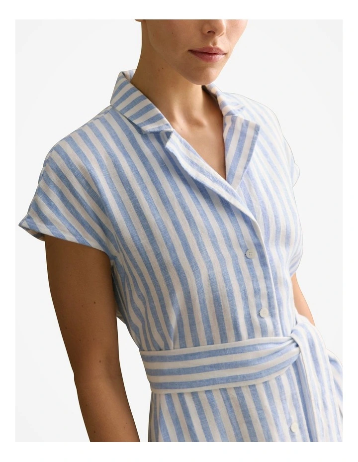 Linen Bengal Stripe Cap Sleeve Shirt Dress in Wedgewood Blue image 3