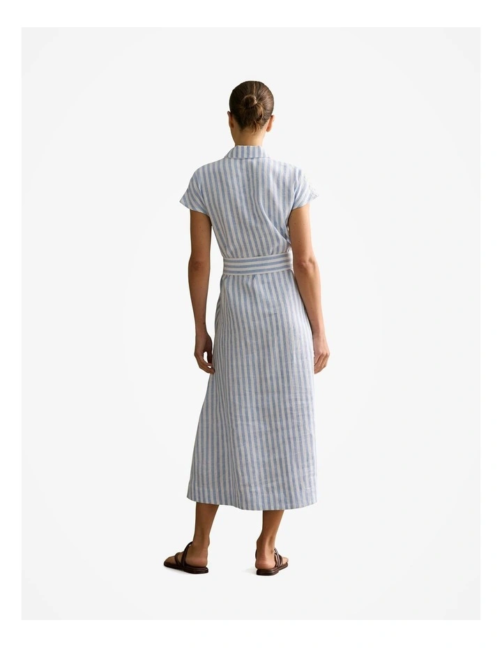 Linen Bengal Stripe Cap Sleeve Shirt Dress in Wedgewood Blue image 4