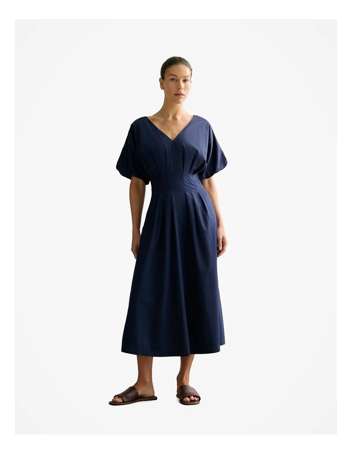 Cotton Sateen Pleat Waist Dress in Navy image 1