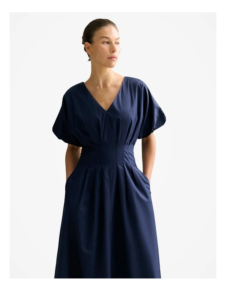 Cotton Sateen Pleat Waist Dress in Navy image 2