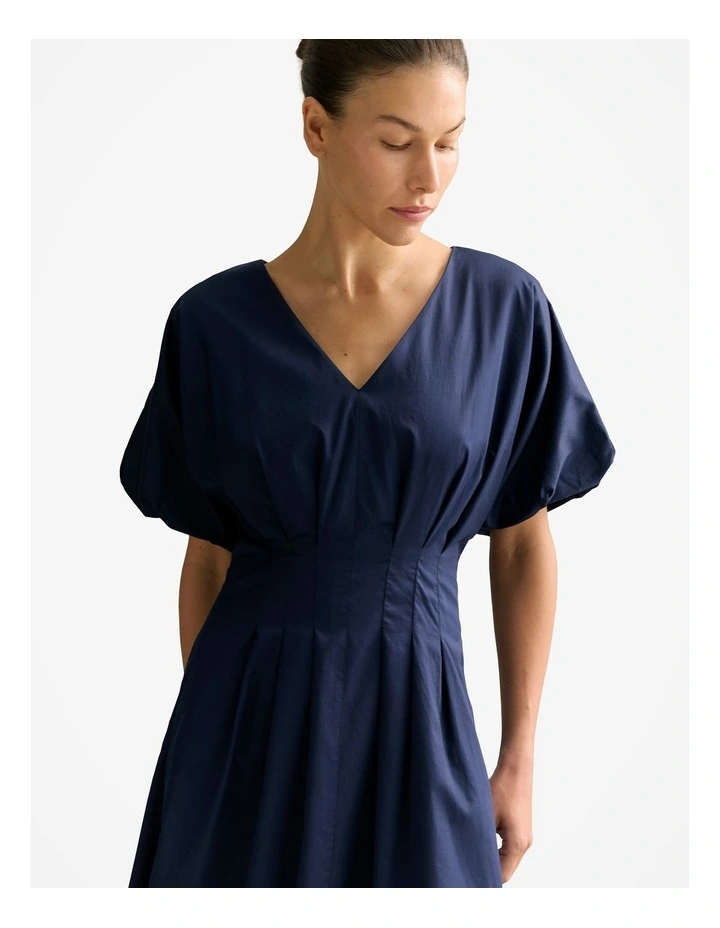 Cotton Sateen Pleat Waist Dress in Navy image 3