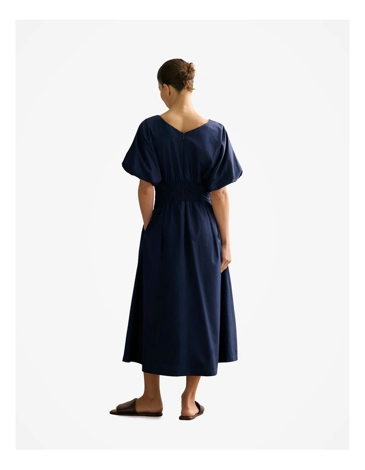 Cotton Sateen Pleat Waist Dress in Navy image 4