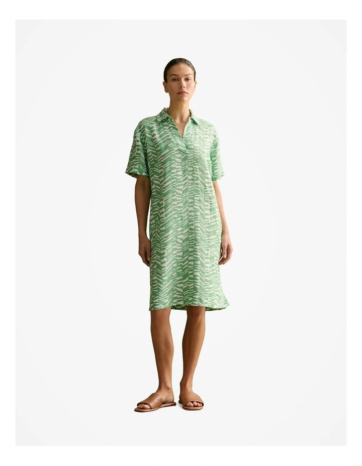 Linen Abstract Geo Popover Shift Dress in Matcha image 1