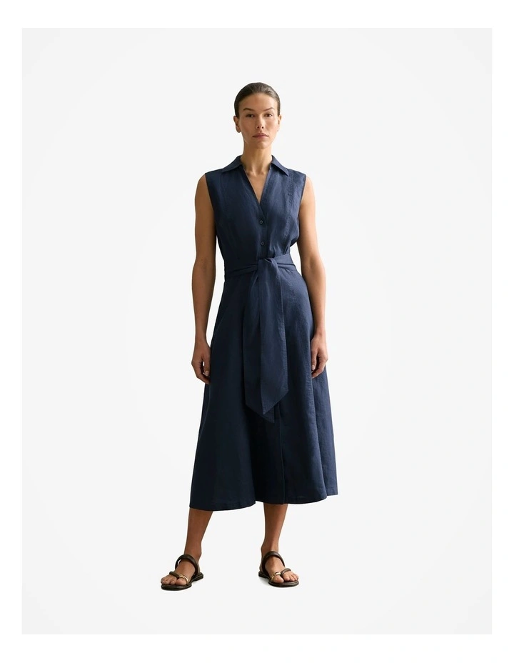 Linen Panel Detail Sleeveless Shirt Dress in Navy image 1