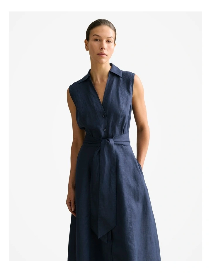 Linen Panel Detail Sleeveless Shirt Dress in Navy image 2