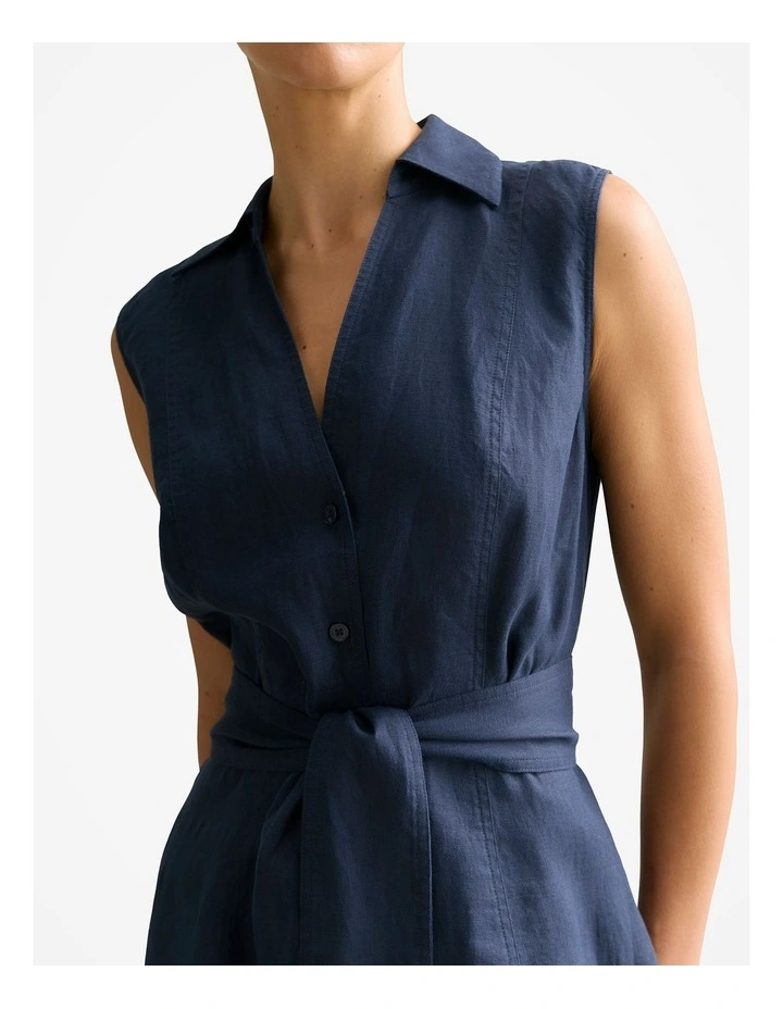 Linen Panel Detail Sleeveless Shirt Dress in Navy image 3