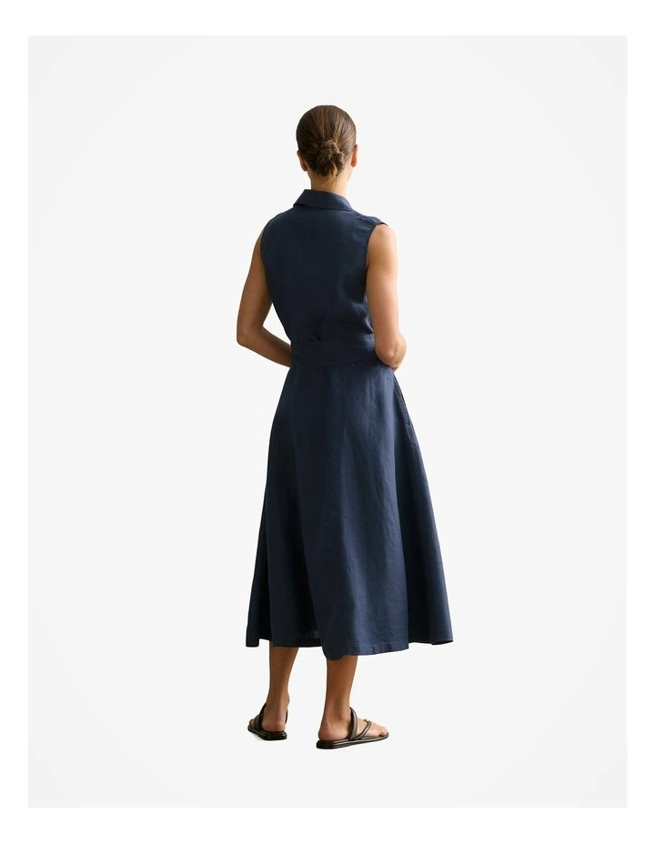 Linen Panel Detail Sleeveless Shirt Dress in Navy image 4