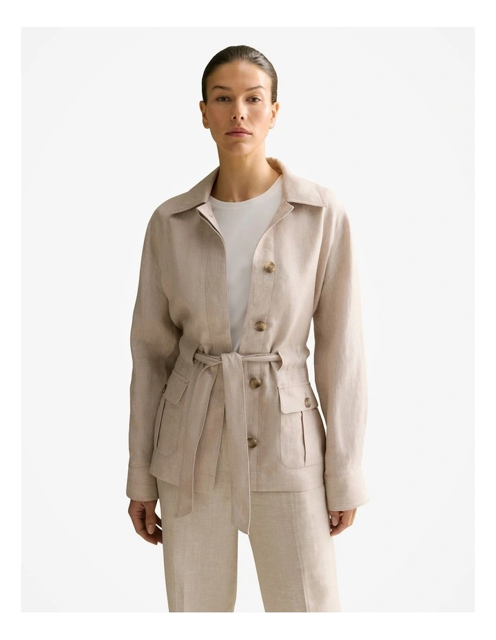 Linen Twill Tie Waist Jacket in Pebble image 1