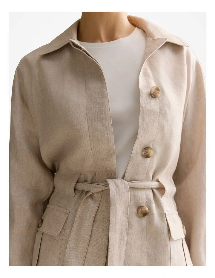 Linen Twill Tie Waist Jacket in Pebble image 3