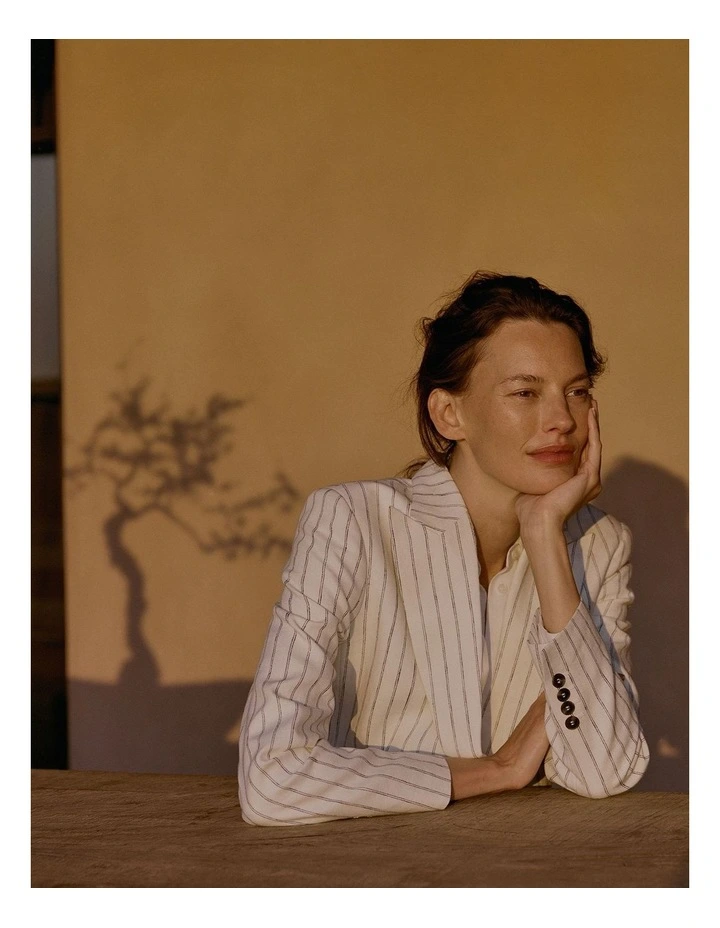 Linen Dot Stripe Blazer in White image 2
