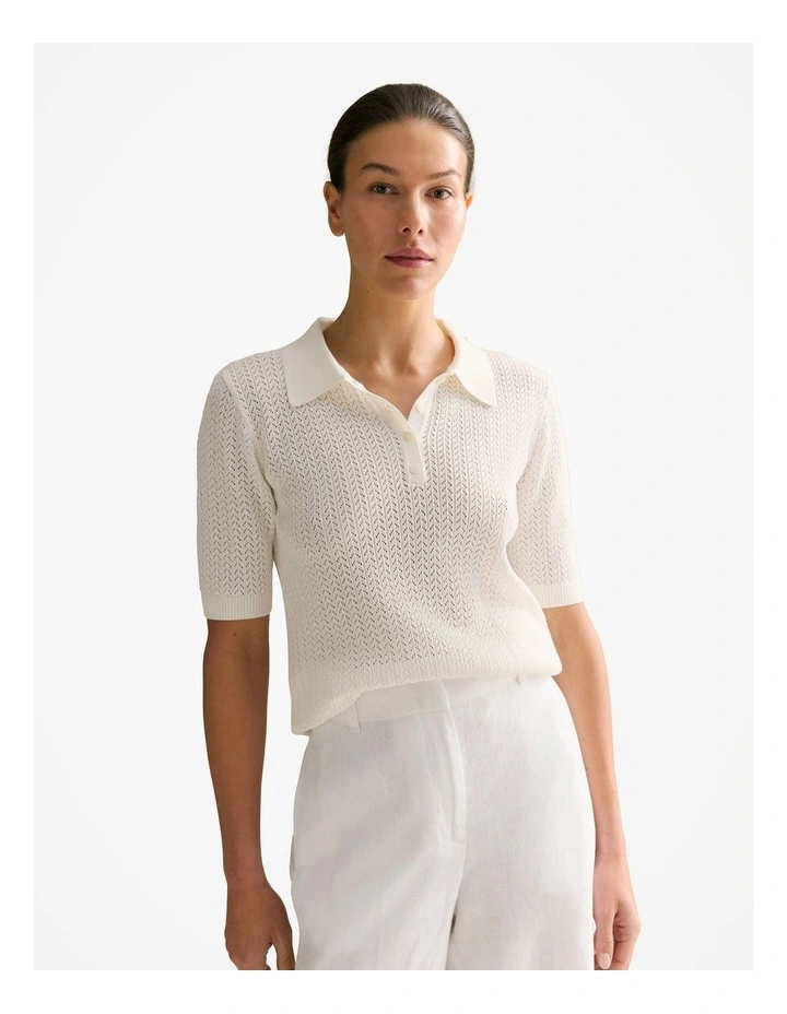 Mercerised Lace Knit Polo in White image 1