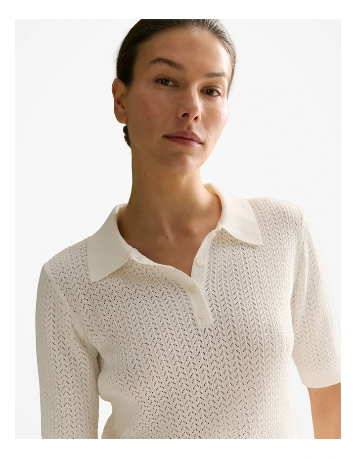 Mercerised Lace Knit Polo in White image 3