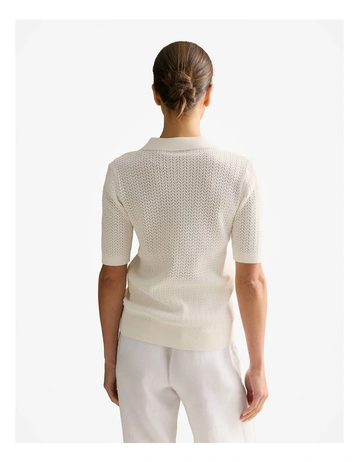 Mercerised Lace Knit Polo in White image 4