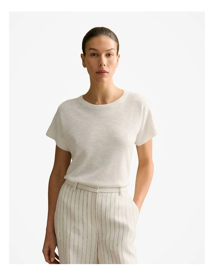 Linen Cotton Relaxed Crew T-shirt in White image 1