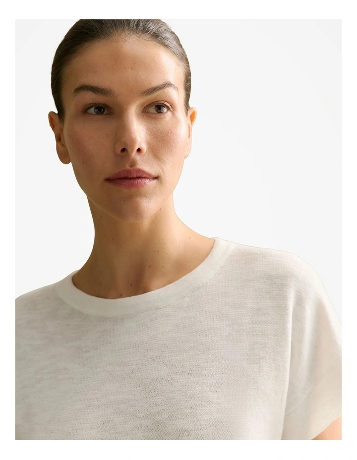Linen Cotton Relaxed Crew T-shirt in White image 3