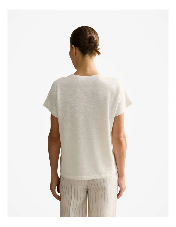 Linen Cotton Relaxed Crew T-shirt in White image 4