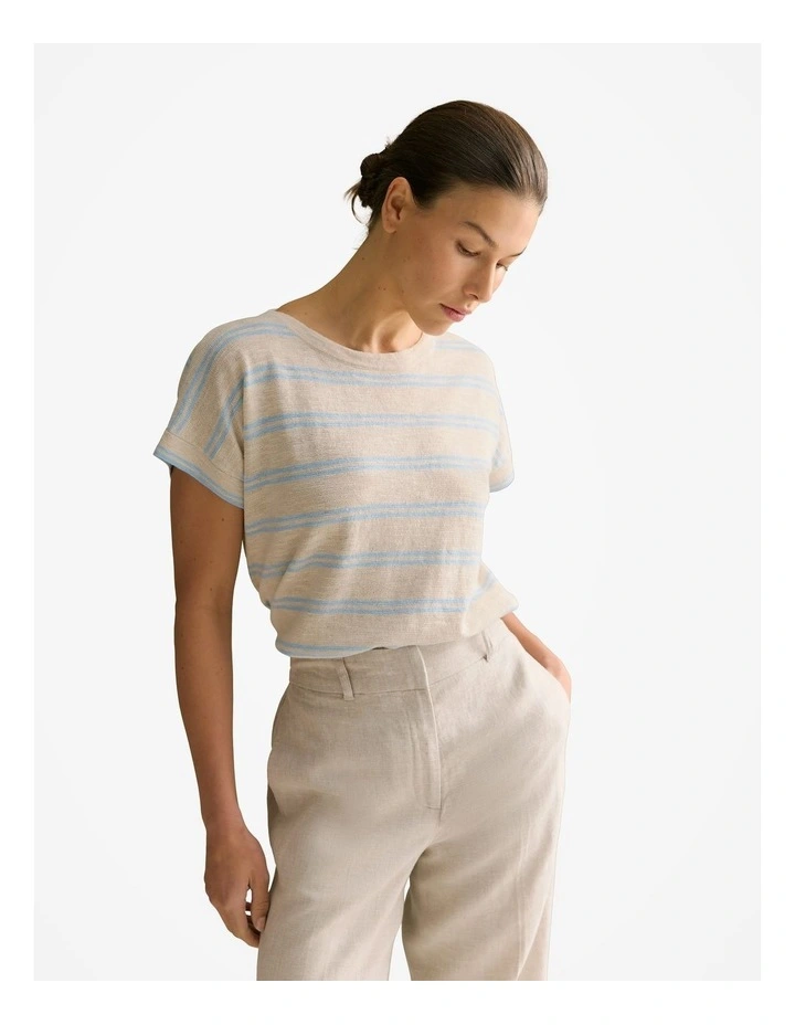 Linen Cotton Twin Stripe Relaxed T-shirt in Pale Blue image 1