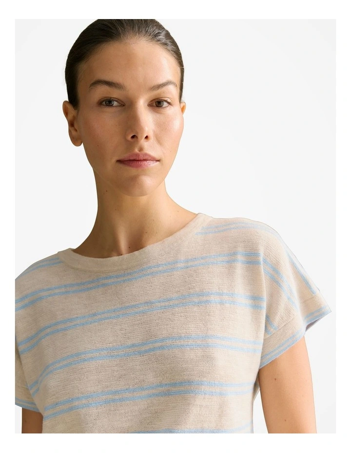 Linen Cotton Twin Stripe Relaxed T-shirt in Pale Blue image 3