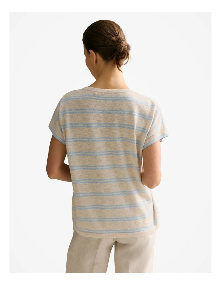 Linen Cotton Twin Stripe Relaxed T-shirt in Pale Blue image 4