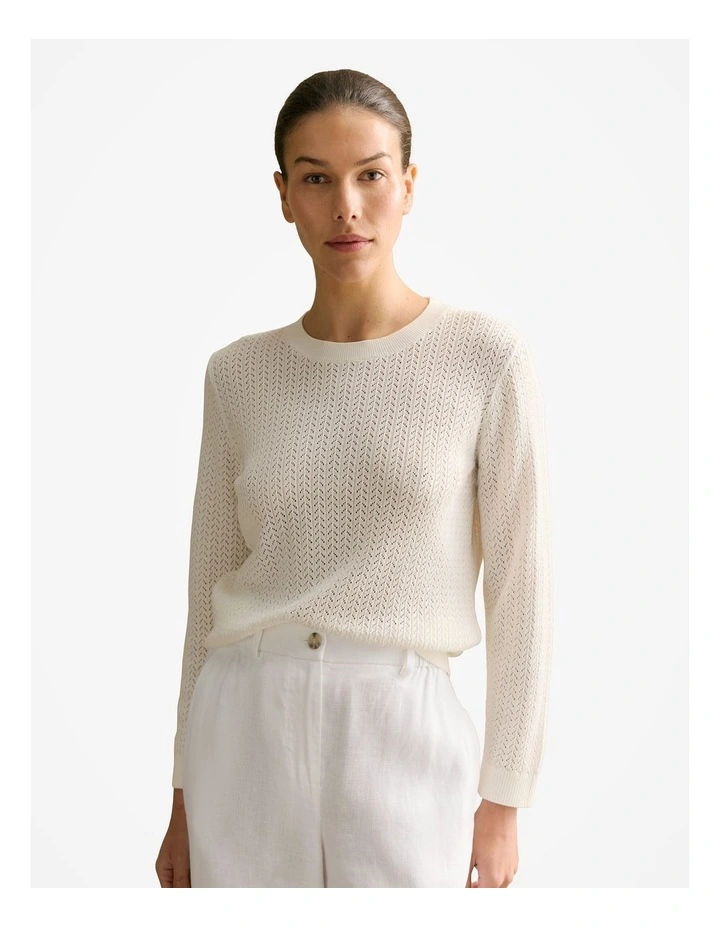 Mercerised Lace Knit 3/4 Sleeve Crew in White image 1