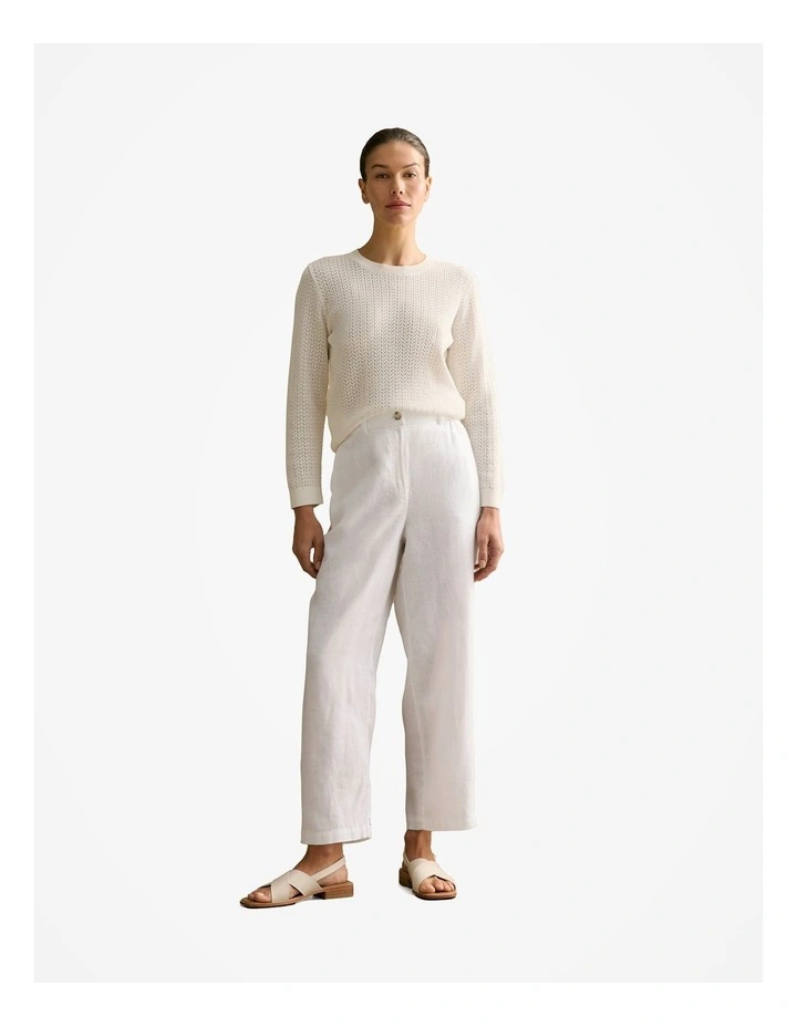 Mercerised Lace Knit 3/4 Sleeve Crew in White image 2